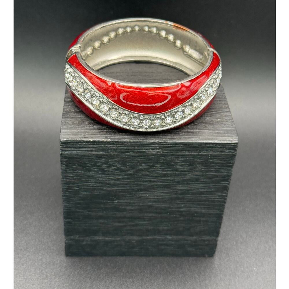 Red Enamel Clamper Bracelet with Clear Bling Stones